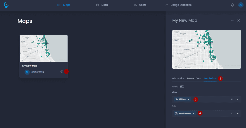 Screenshot showing map permissions in CartoVista when change permissions for maps and data
