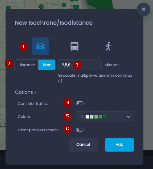 Screenshot showing new isochrone settings in CartoVista when creating a drive time area (isochrone)