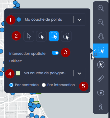 Capture d'écran montrant options de lintersection spatiale dans CartoVista lors de effectuer une intersection spatiale