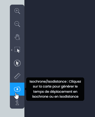 Capture d'écran montrant outil disochrone dans CartoVista lors de création une zone de temps de déplacement (isochrone)