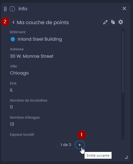 Capture d'écran montrant panneau info resultat multiple entite dans CartoVista lors de utilisation l’outil d’information