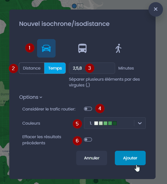 Capture d'écran montrant parametre de l isochrone dans CartoVista lors de création une zone de temps de déplacement (isochrone)