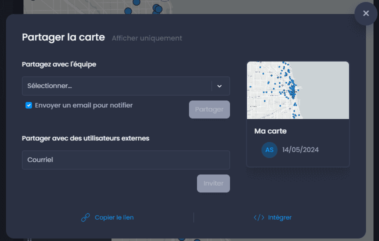 Capture d'écran montrant partager la carte dialogue dans CartoVista lors de intégration une carte