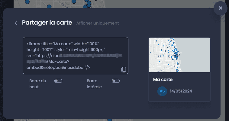 Capture d'écran montrant partager la carte embed dans CartoVista lors de intégration une carte