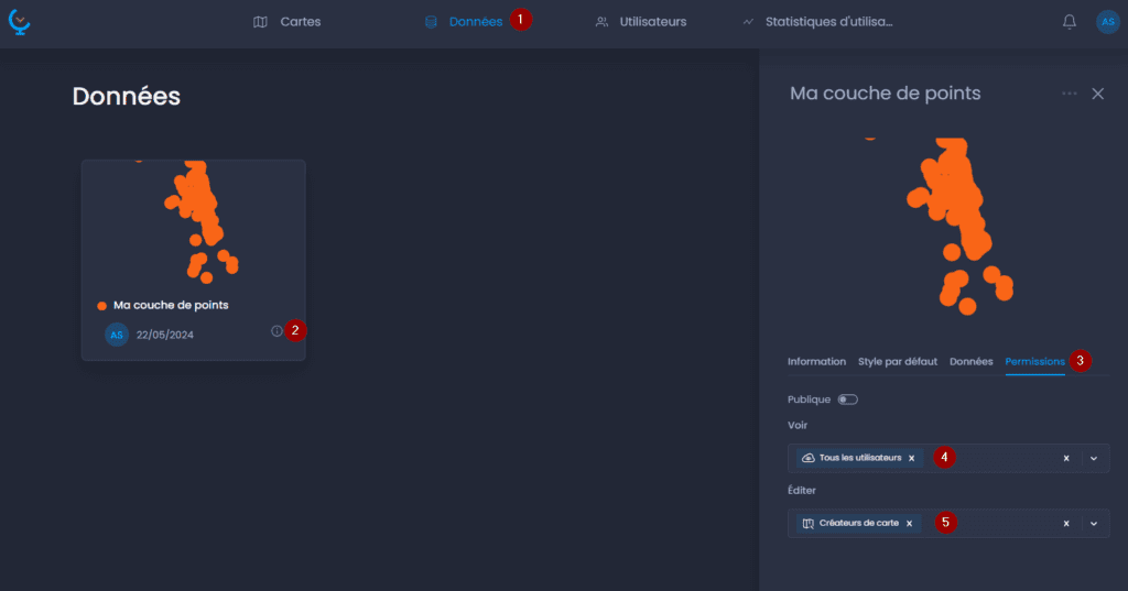 Capture d'écran montrant permissions des couches dans CartoVista lors de modification les permissions pour les cartes et les données