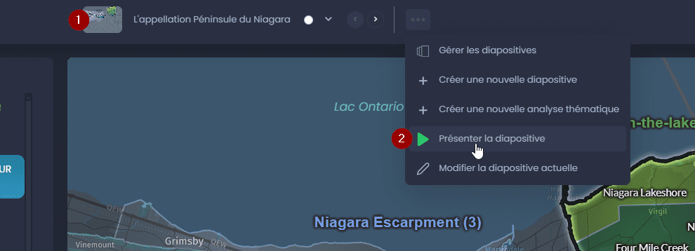 Capture d'écran montrant presenter la diapositive dans CartoVista lors de utilisation le mode présentation des diapositives