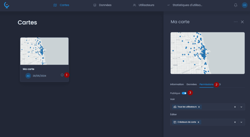 Capture d'écran de l'interface CartoVista pour rendre une carte publique : rendre une carte publique