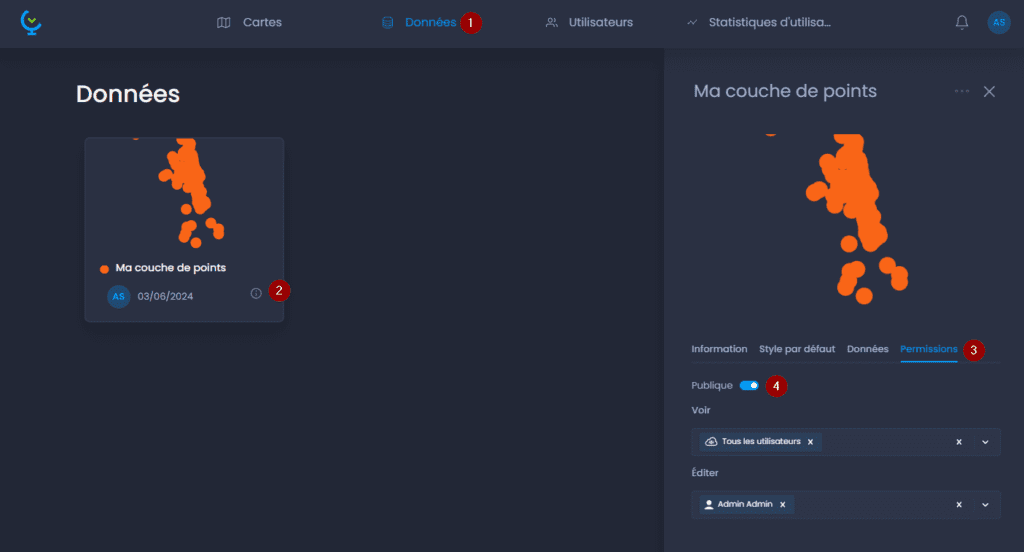 Capture d'écran de l'interface CartoVista pour rendre une carte publique : rendre une couche publique