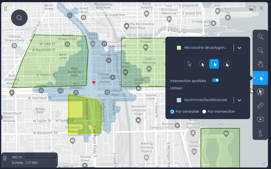 Capture d'écran montrant resultats de la selection par centroid dans CartoVista lors de effectuer une intersection spatiale