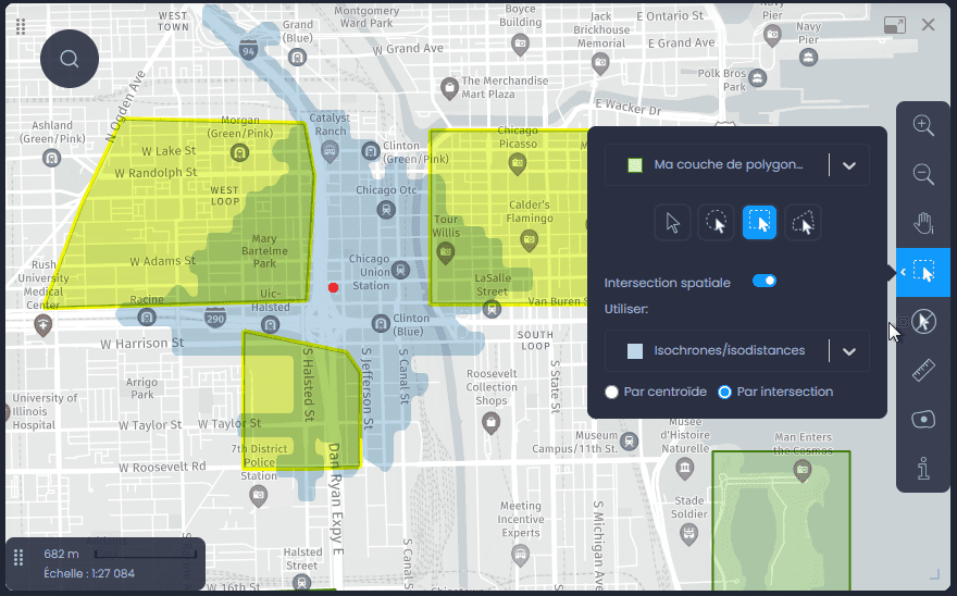 Capture d'écran montrant resultats de la selection par intersection dans CartoVista lors de effectuer une intersection spatiale