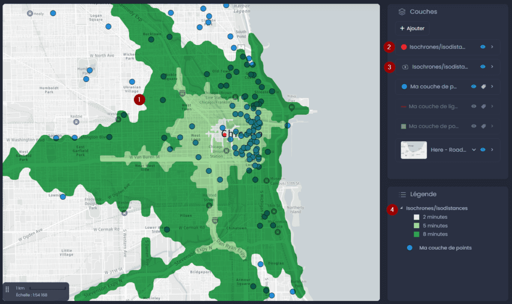 Capture d'écran montrant resultats de lisochrone dans CartoVista lors de création une zone de temps de déplacement (isochrone)