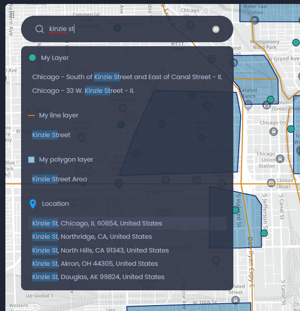 Screenshot showing search results in CartoVista when searching the map
