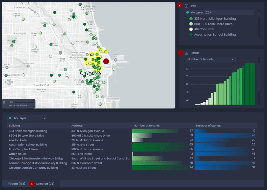 Screenshot showing selection result in CartoVista when select features