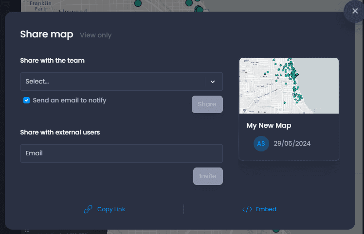 Screenshot showing share map dialog in CartoVista when embedding a map