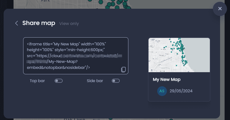 Screenshot showing share map embed in CartoVista when embedding a map