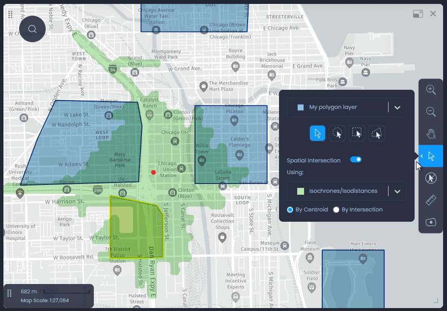 Screenshot showing spatial intersection result by centroid in CartoVista when perform spatial intersection