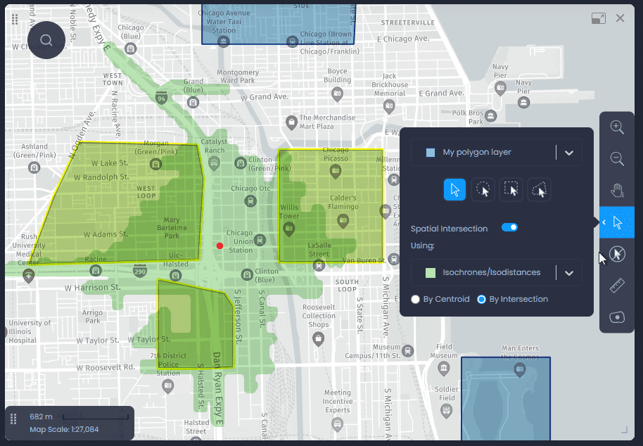 Screenshot showing spatial intersection result by intersection in CartoVista when perform spatial intersection