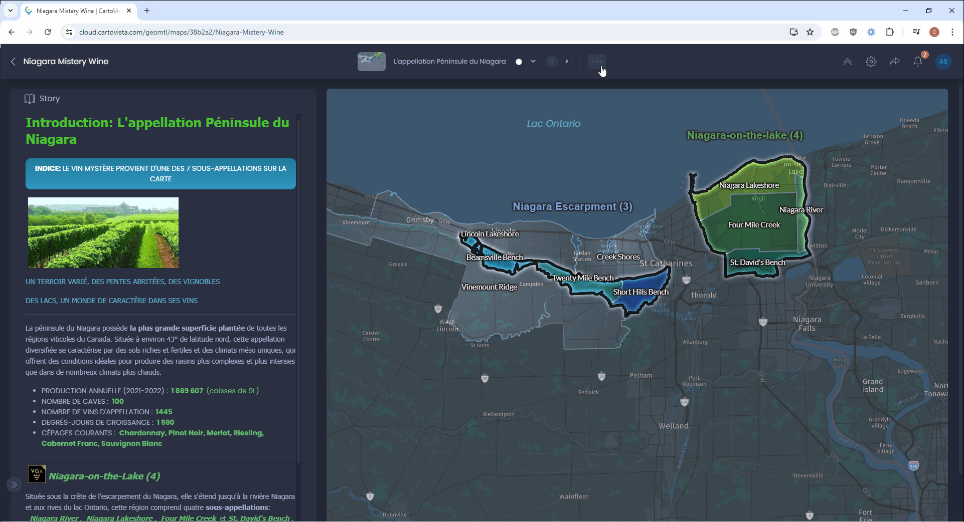 Screenshot showing story map presentation in CartoVista when navigate through presentation slides