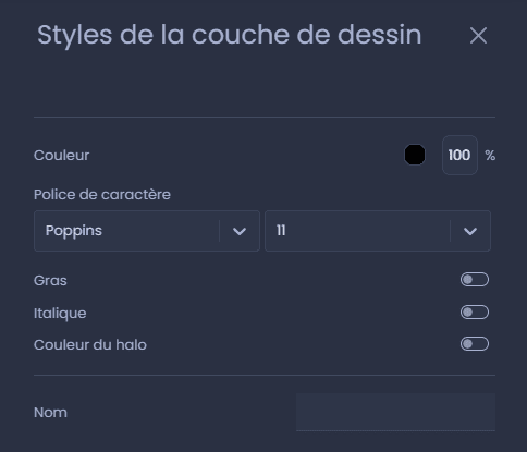 Capture d'écran montrant style dannotation textuelle dans CartoVista lors de annoter une carte