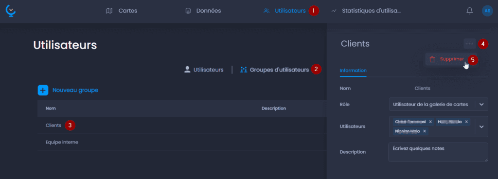Capture d'écran montrant supprimer un groupe dans CartoVista lors de gestion les utilisateurs et les groupes