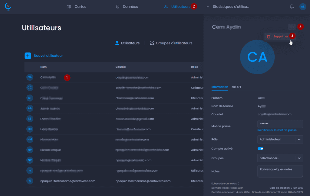 Capture d'écran montrant supprimer un utilisateur dans CartoVista lors de gestion les utilisateurs et les groupes