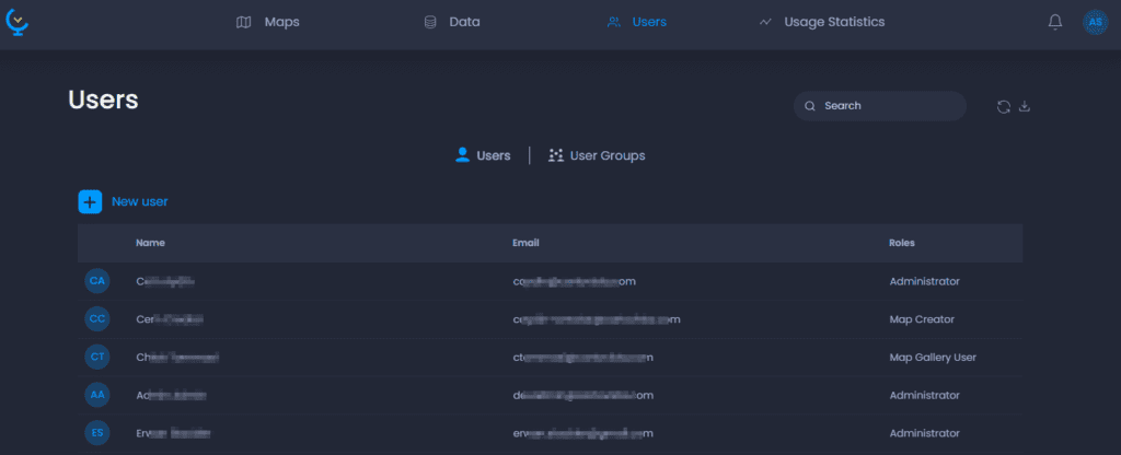 Screenshot showing users page in CartoVista when managing users and groups