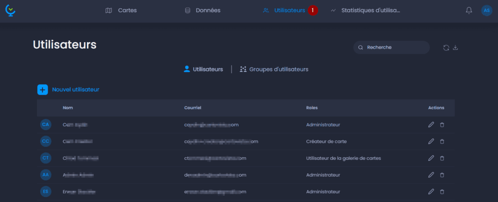 Capture d'écran montrant utilisateurs dans CartoVista lors de gestion les utilisateurs et les groupes