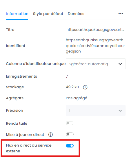 Capture d'écran montrant fluexdirect dans CartoVista lors de importation de la donnée depuis un flux geojson