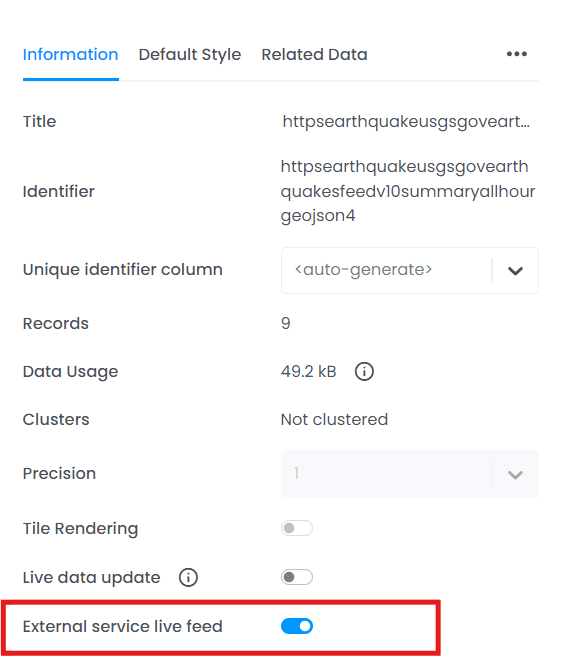 Screenshot showing fluexdirect en in CartoVista when importing data from a geojson live service