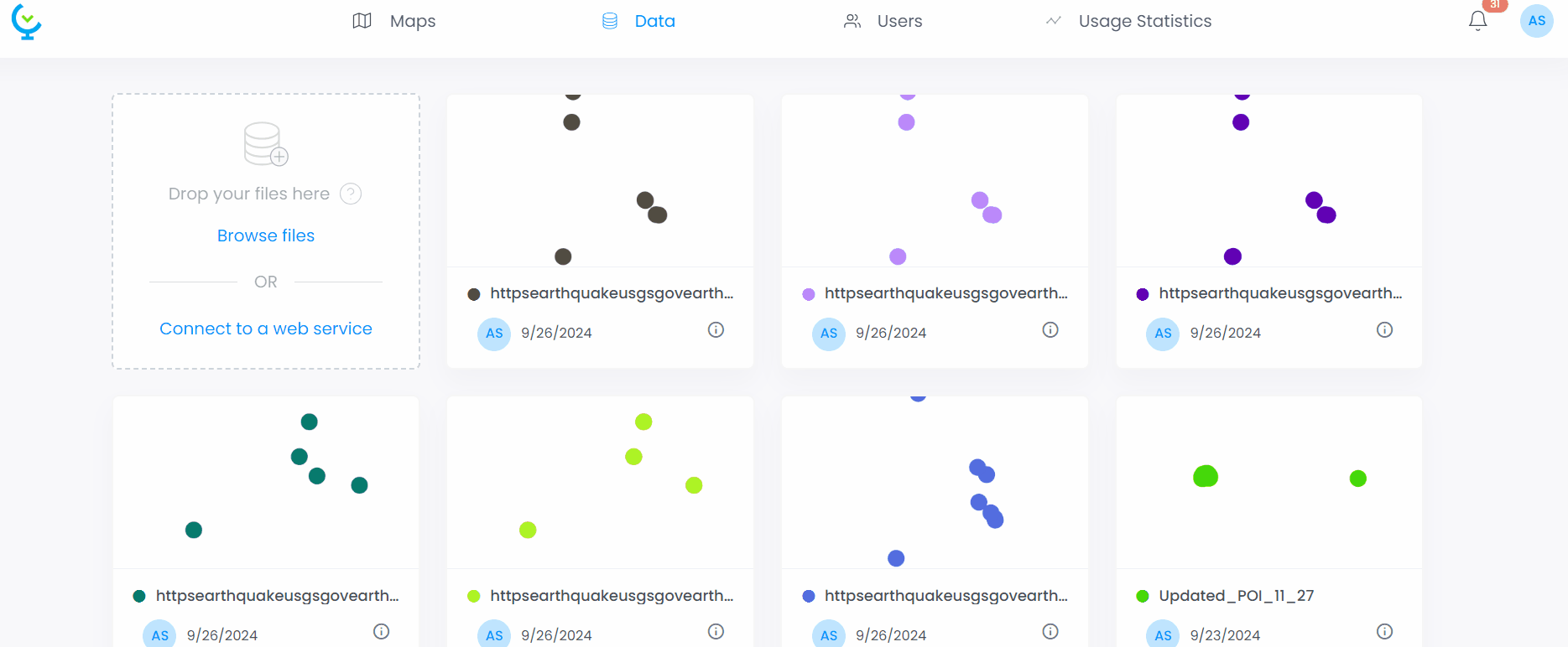 Screenshot showing geojson in CartoVista when importing data from a geojson live service