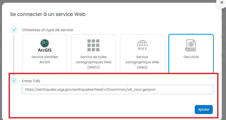 Capture d'écran montrant se connecter dans CartoVista lors de importation de la donnée depuis un flux geojson