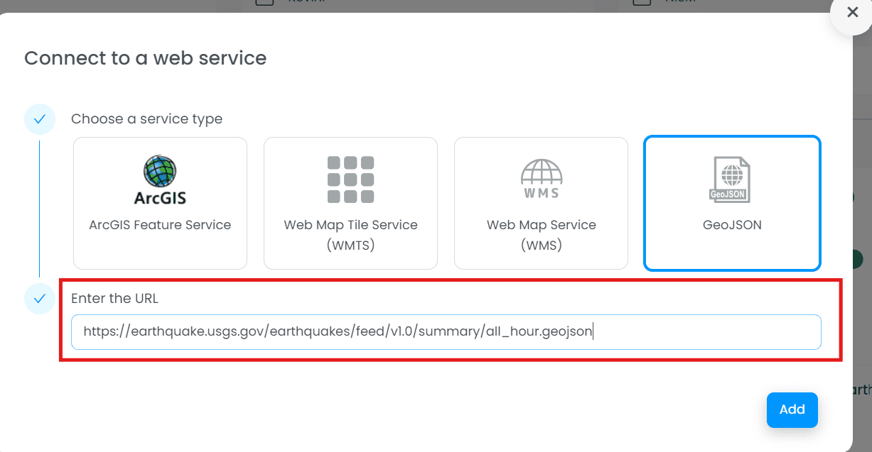 Screenshot showing se connecter en2 in CartoVista when importing data from a geojson live service