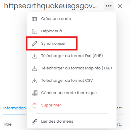 Screenshot showing synchroniser in CartoVista when importing data from a geojson live service