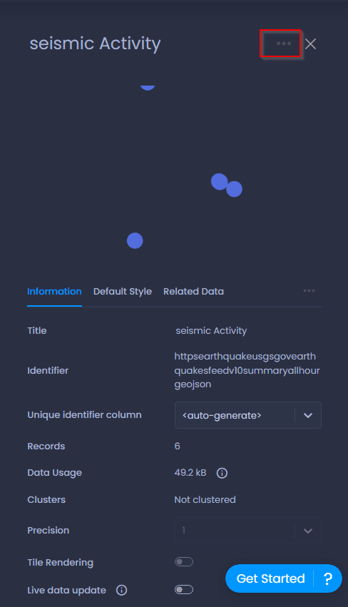 Screenshot showing 2 click ellipses in top right in CartoVista when downloading data