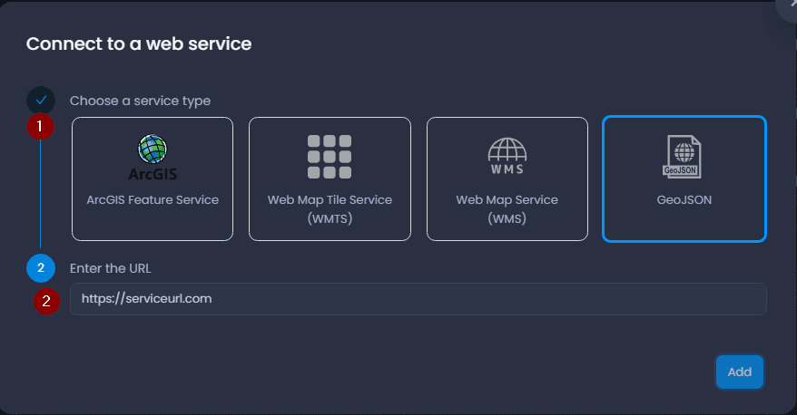Screenshot showing 2 selecting wms in CartoVista when importing data from a web service (wms, wmts, esri arcgis feature service)