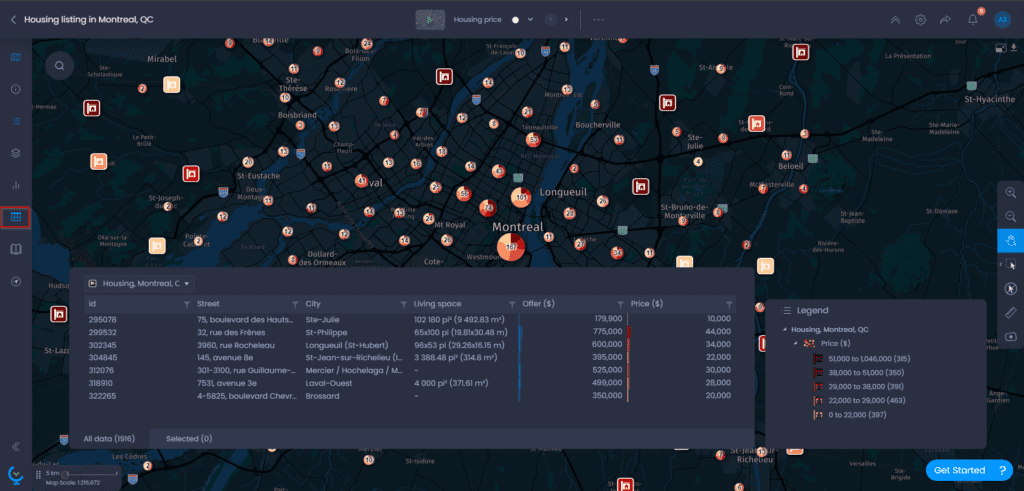 Screenshot showing opening data panel in CartoVista when access the attribute table of a dataset