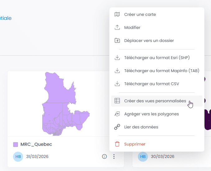 Capture d'écran montrant image dans CartoVista lors de configuration des vues et des permissions granulaires par couche