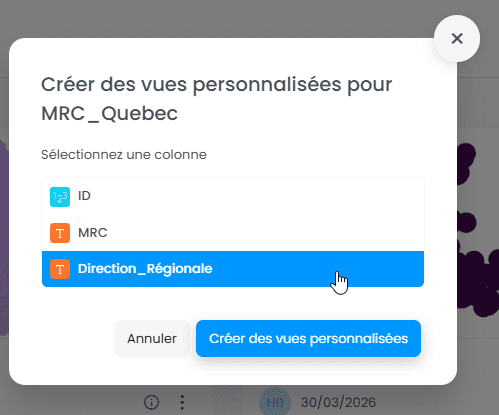 Capture d'écran montrant image dans CartoVista lors de configuration des vues et des permissions granulaires par couche