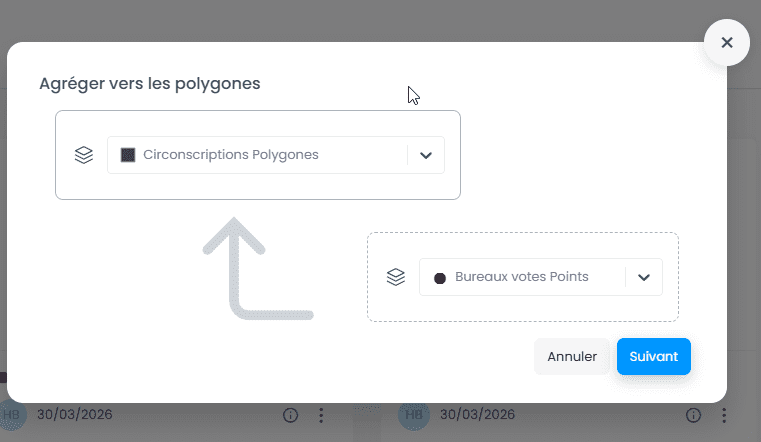 Capture d'écran montrant image dans CartoVista lors de effectuer une agrégation spatiale de points par zones (polygones)