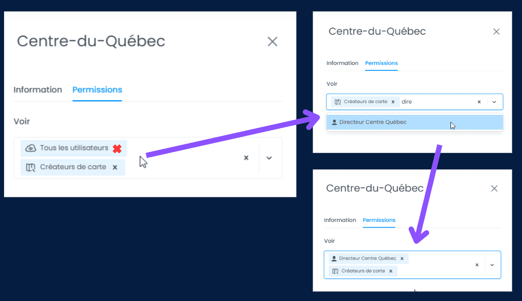 Capture d'écran montrant image dans CartoVista lors de configuration des vues et des permissions granulaires par couche