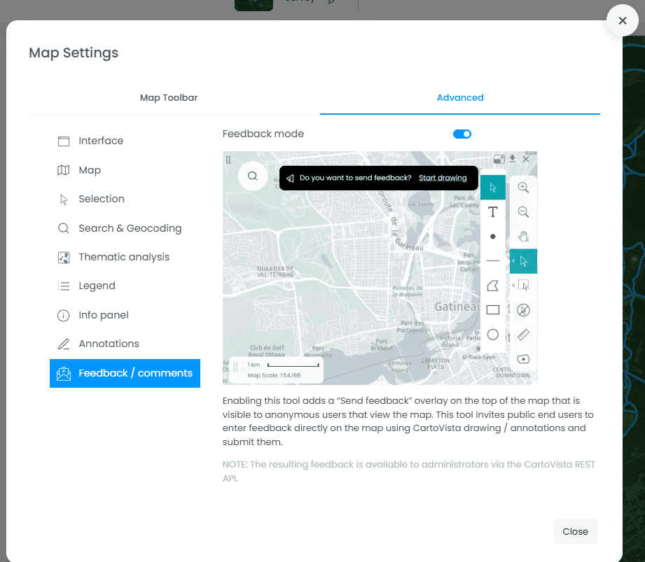 Screenshot showing image in CartoVista when collect feedback from the public using the feedback tool