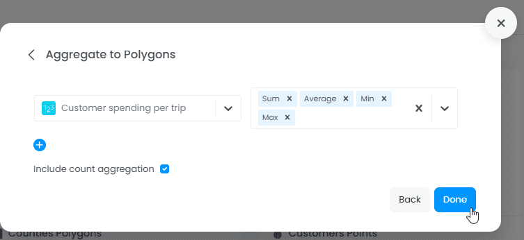 Screenshot showing image in CartoVista when perform spatial aggregation of points by zones (polygons)