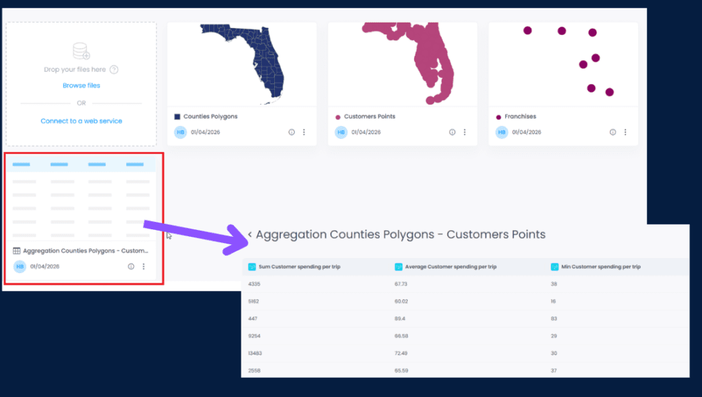 Screenshot showing image in CartoVista when perform spatial aggregation of points by zones (polygons)