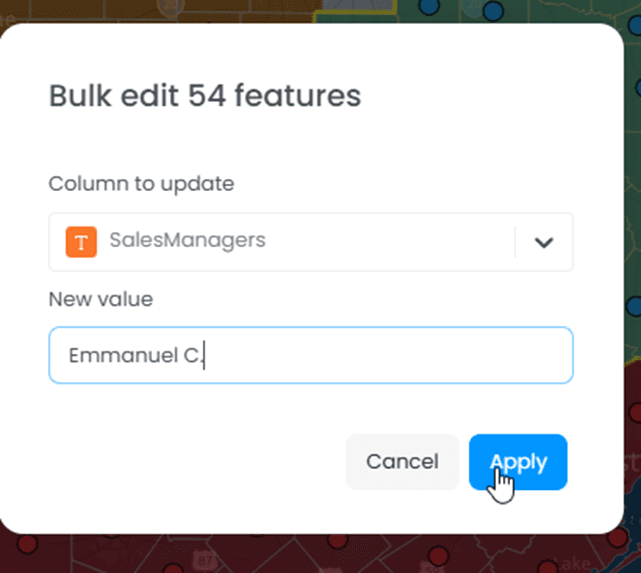 Screenshot showing image in CartoVista when editing multiple features at once (bulk editing)