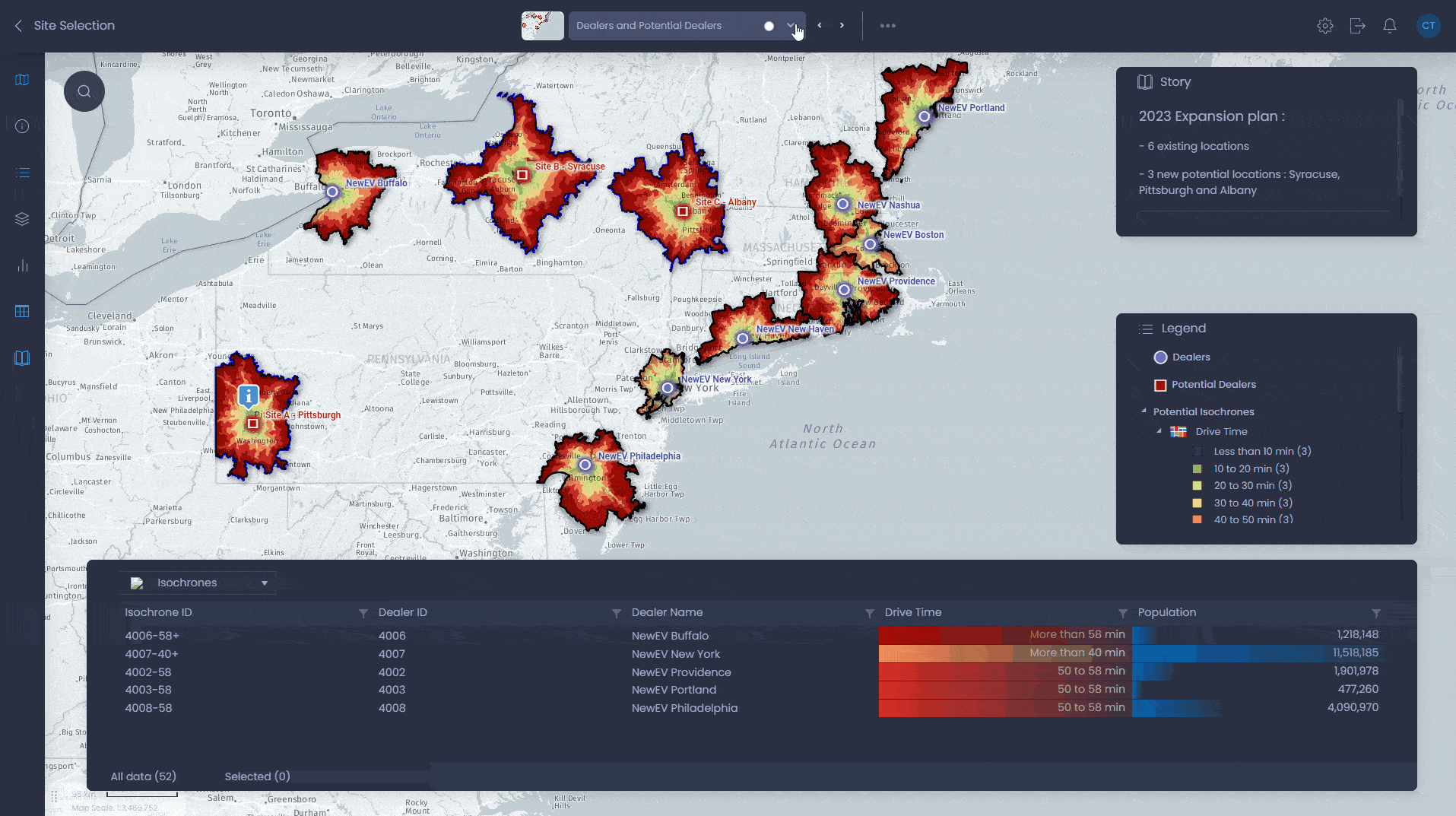 Choix du site - interactive map demo in CartoVista