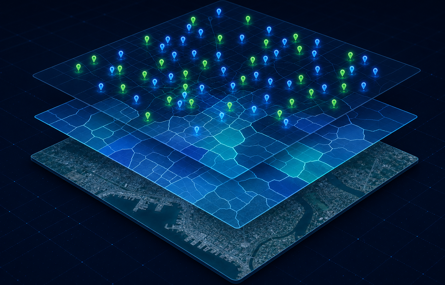 Layered geospatial data with satellite imagery, vector polygons, and POI points