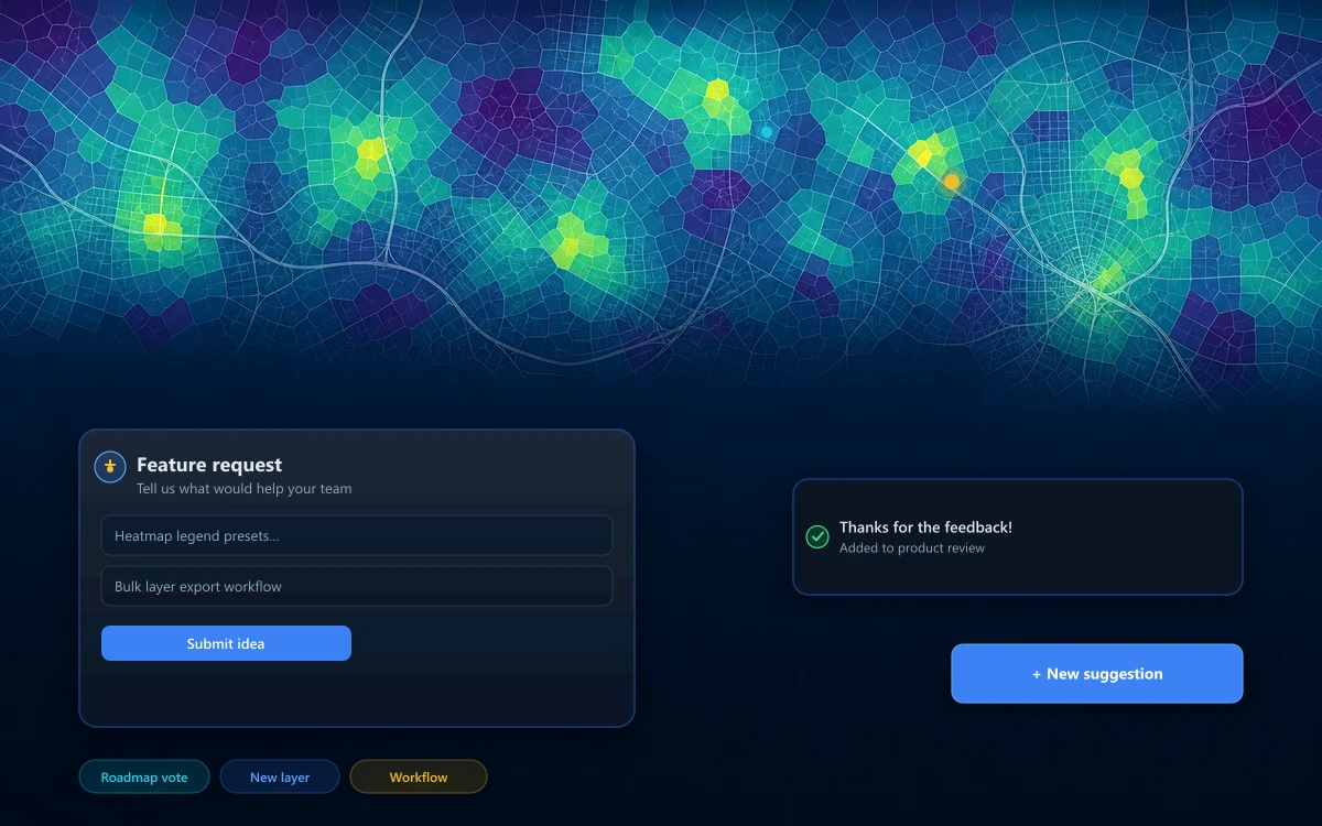 CartoVista heatmap with mock feature request and feedback UI