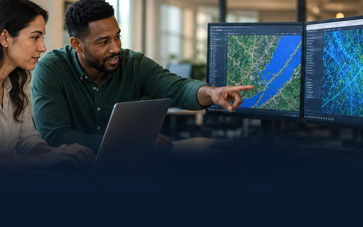 CartoVista support specialists collaborating around GIS map screens